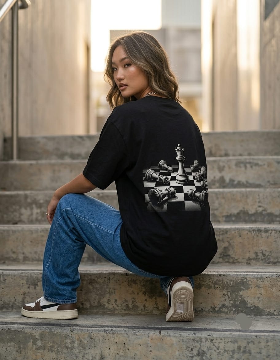 Arabic Chess oversized tee, back print detail - Aesthetic Stacks streetwear Lahore