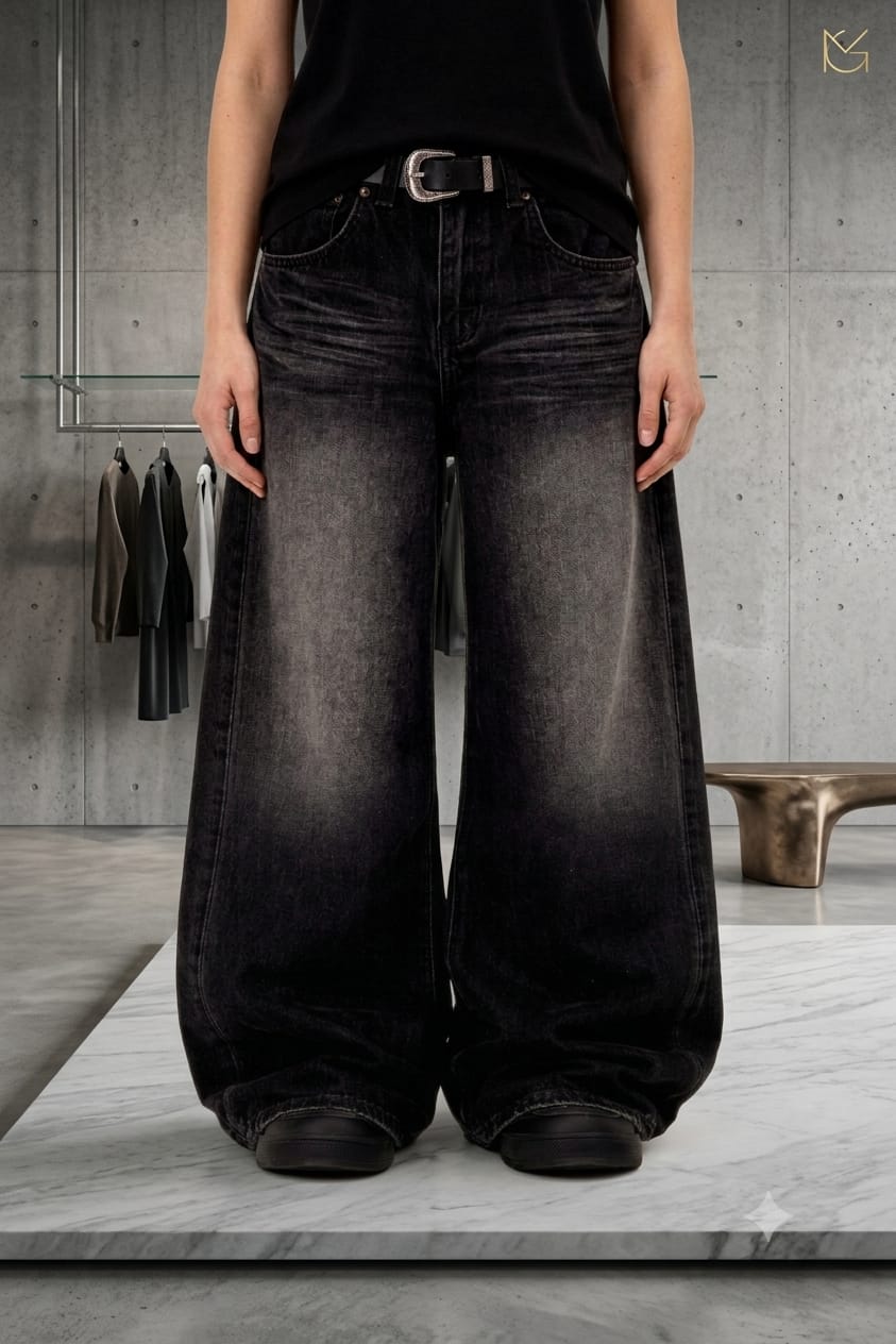 Black washed baggy jeans for women, front view - Aesthetic Stacks oversized streetwear