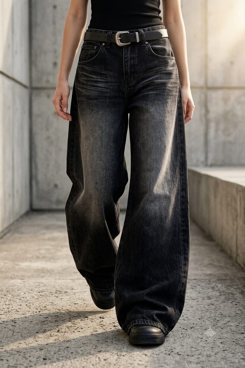 Black washed baggy jeans, fabric texture close-up