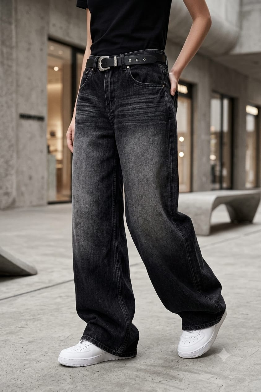 Black washed baggy jeans, relaxed fit lifestyle shot