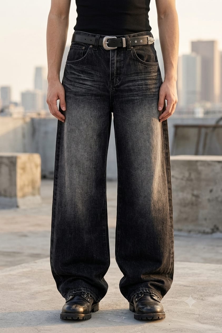 Oversized women's jeans, full outfit styled shot