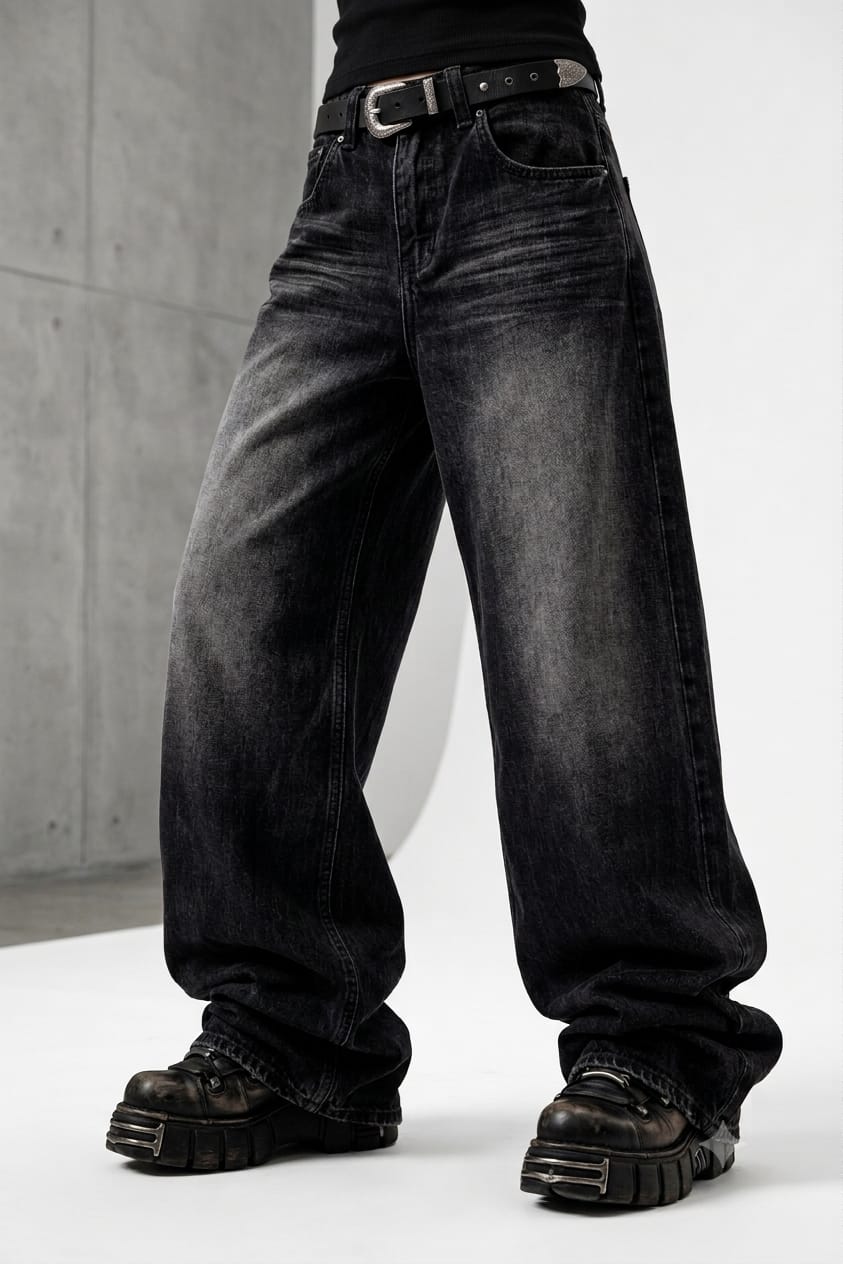 Black baggy jeans for women, pocket and stitching detail