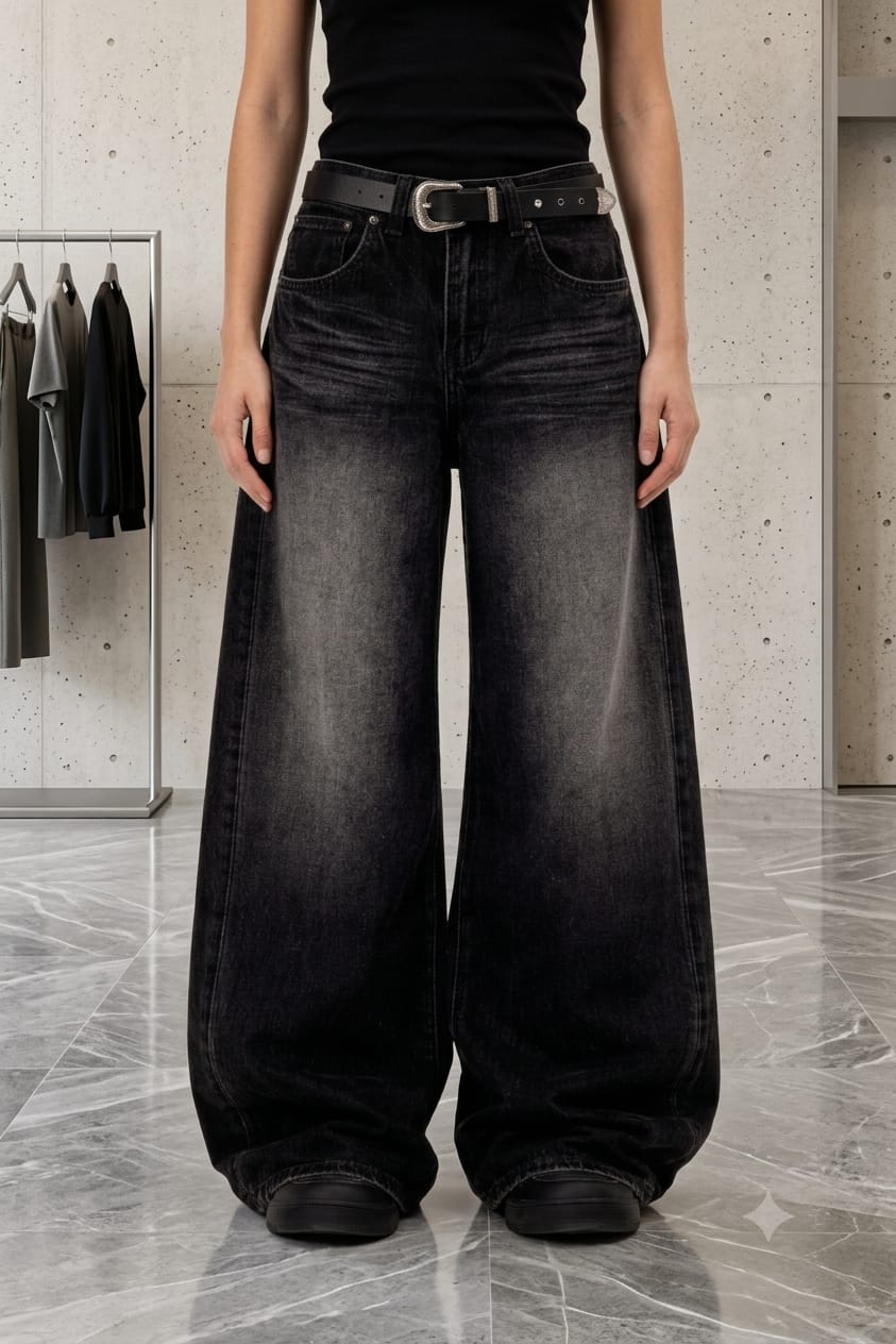Black washed baggy jeans for women, back view