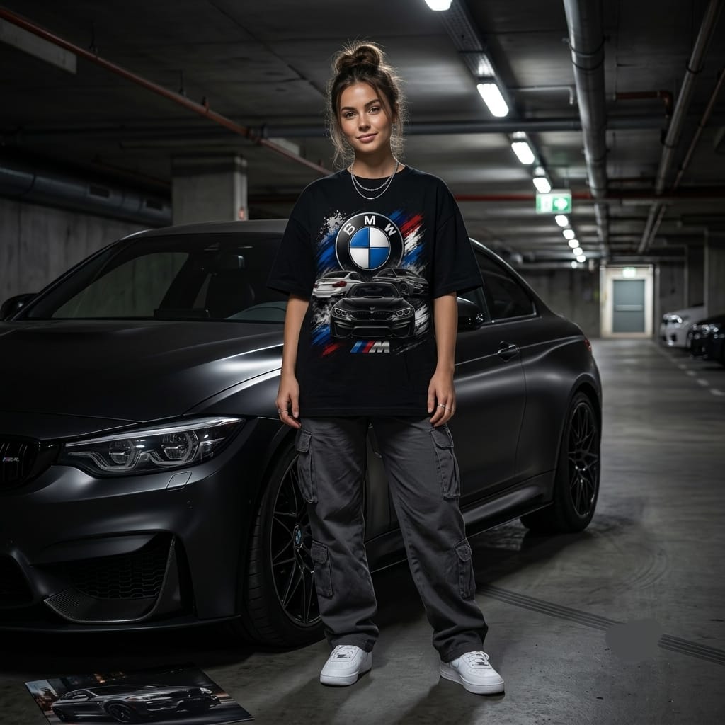 BMW inspired graphic tee, close-up design detail
