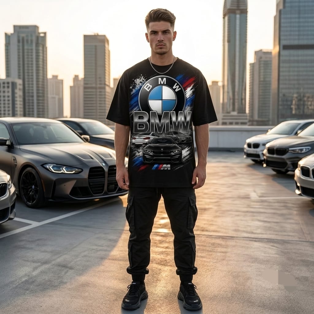 Black oversized Autobahn Racer tee, lifestyle shot