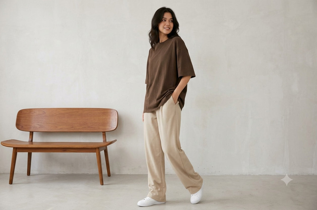 A woman stands in a minimalist room wearing an oversized brown short-sleeve top, beige wide-leg pants, and white sneakers. A wooden bench is visible against a light gray textured wall.